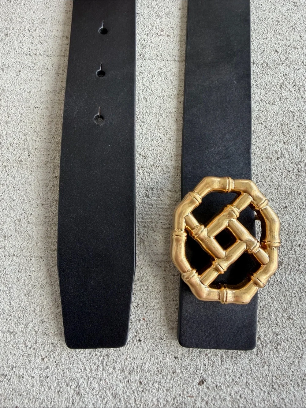 Jr Laughlin Black Leather Belt Gold Bamboo Buckle Size S 38” Wide StatementWaist